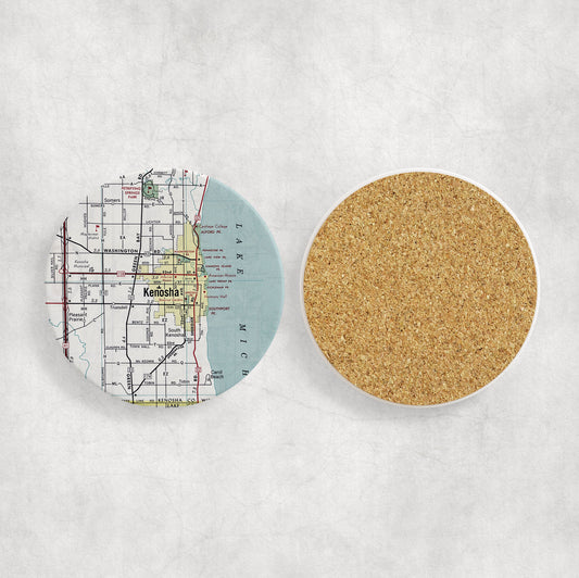Kenosha Wisconsin Map Coasters | Set of 4 Vintage Kenosha Wisconsin Drink Coasters | Travel-Inspired Home Decor