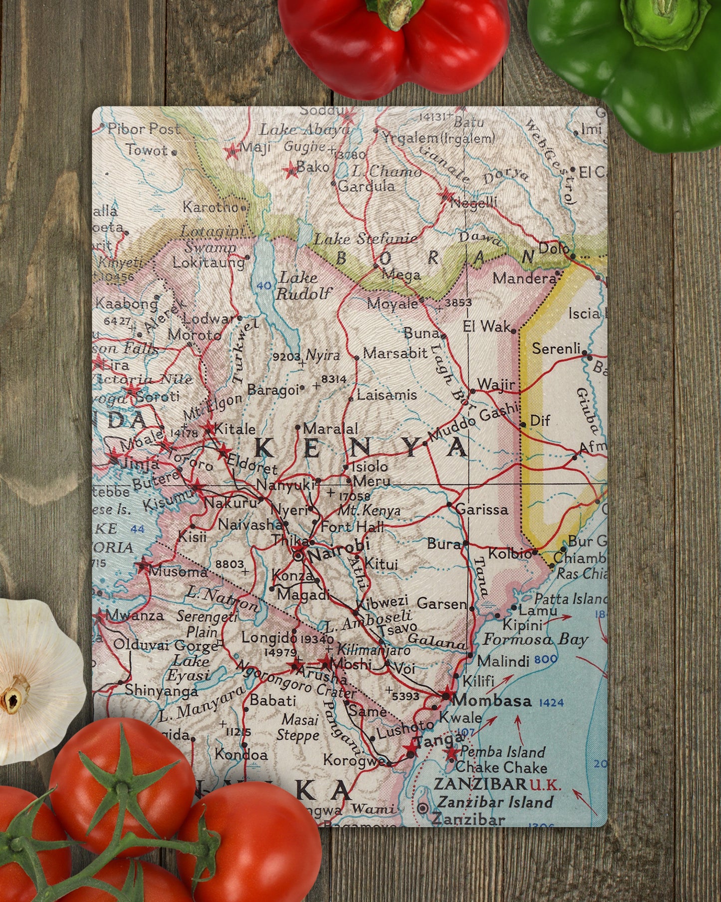 Kenya Vintage Map Glass Cutting Board Charcuterie