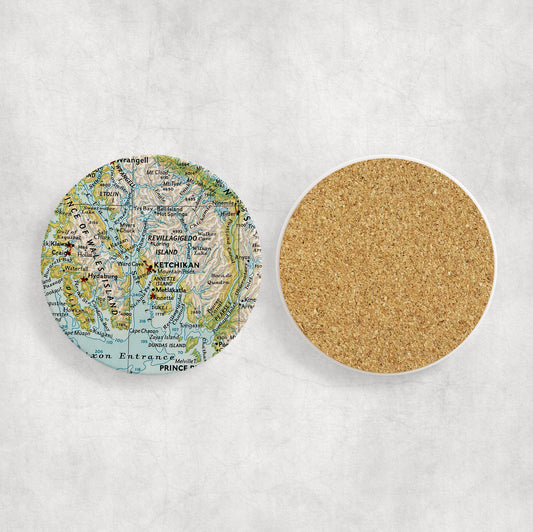 Ketchikan Alaska Map Coasters | Set of 4 Vintage Ketchikan Alaska Drink Coasters | Travel-Inspired Home Decor