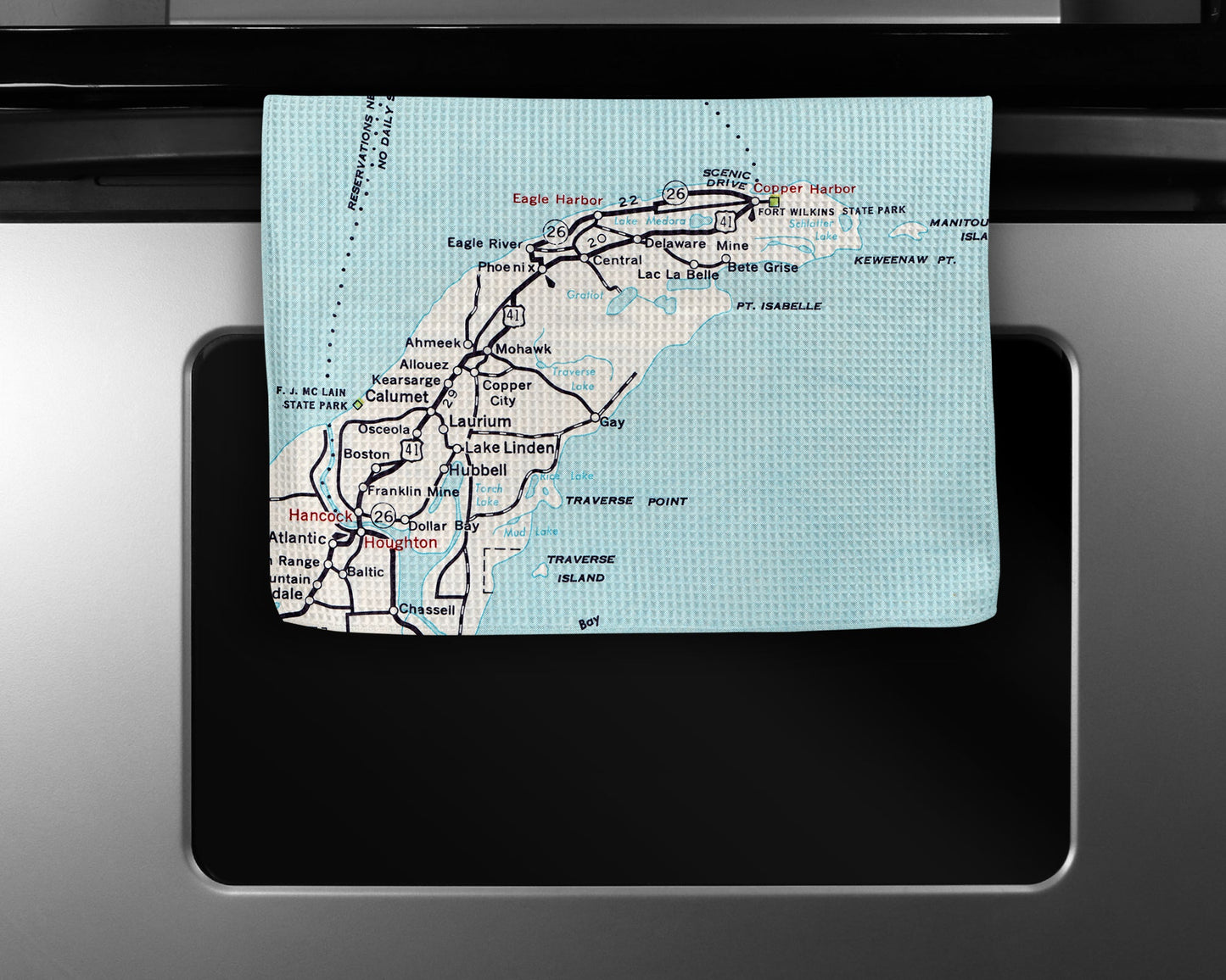 Keweenaw Michigan Map Tea Towel | Waffle-Weave Kitchen Towel Gift