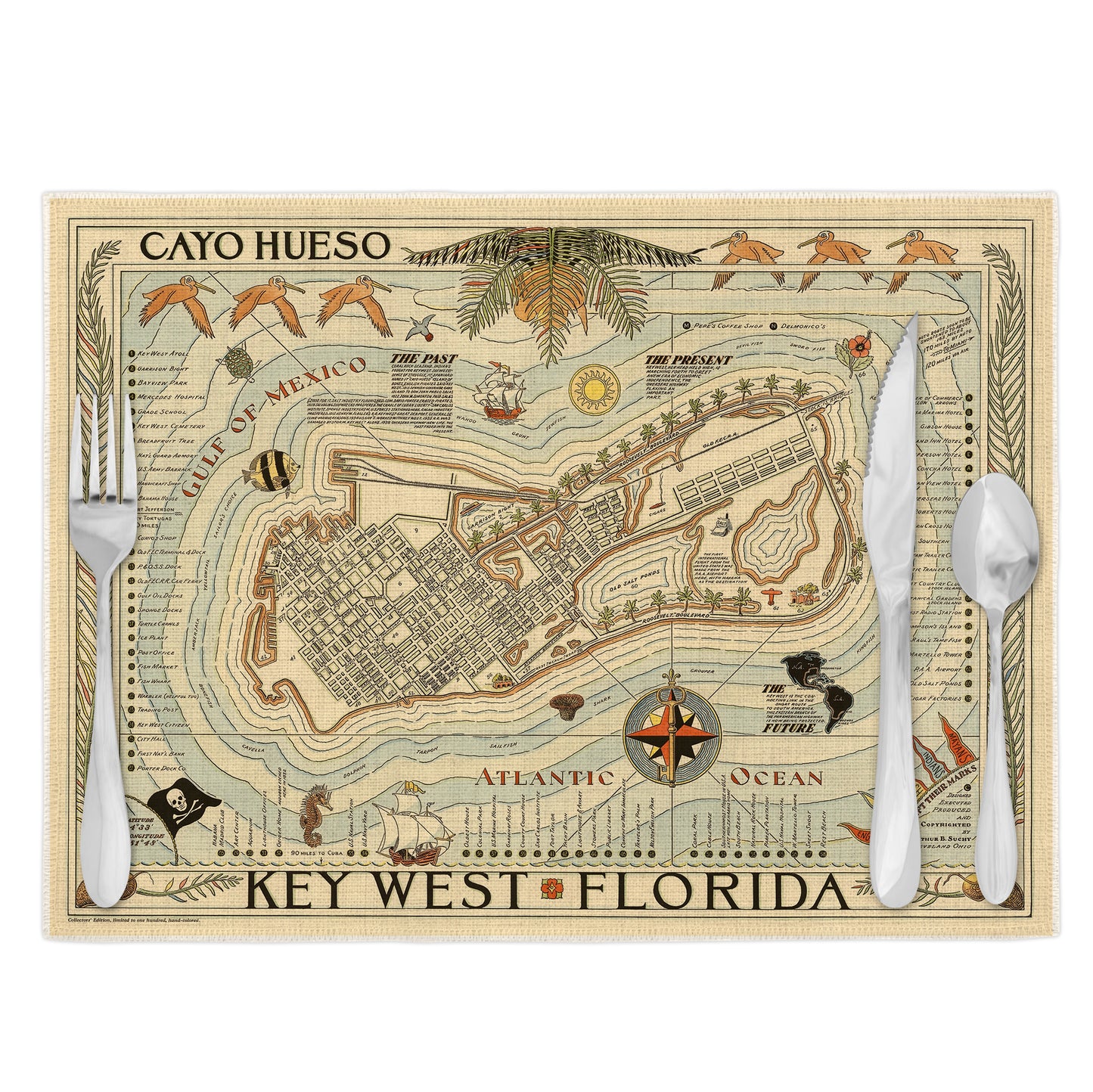 Key West Florida Vintage Map Placemats Set of 4