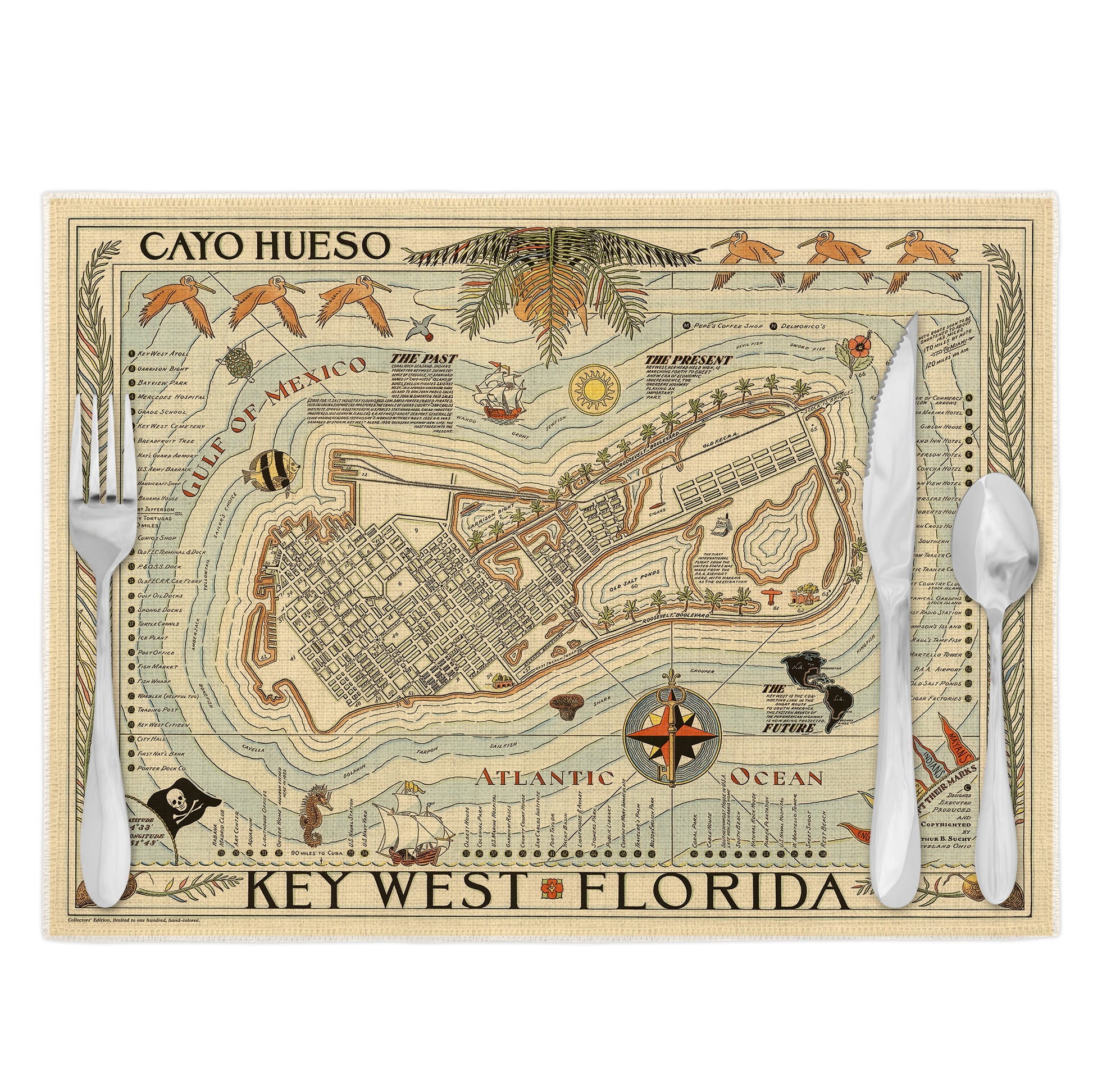 Key West Florida Vintage Map Placemats Set of 4