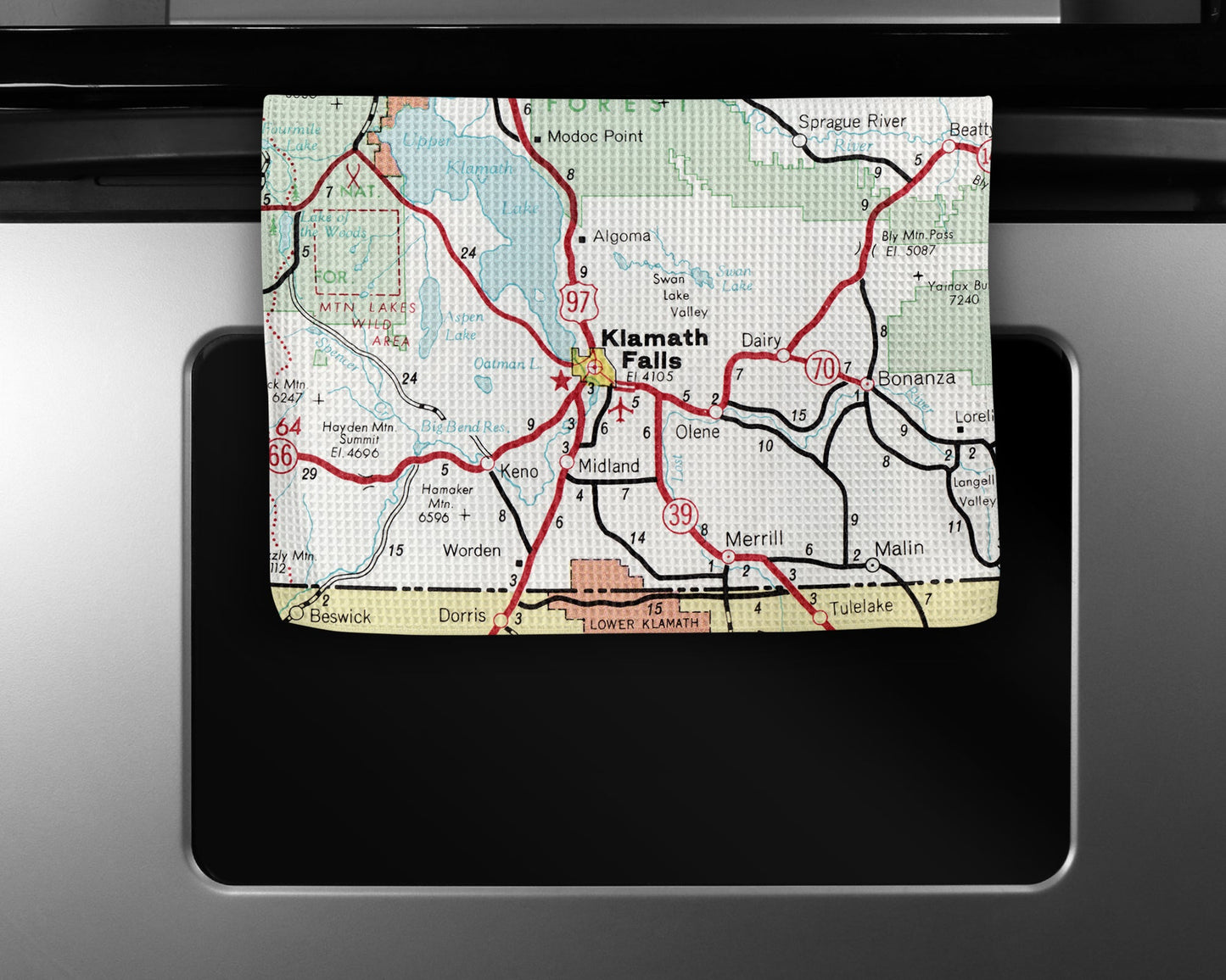 Klamath Falls Oregon Map Tea Towel | Waffle-Weave Kitchen Towel Gift