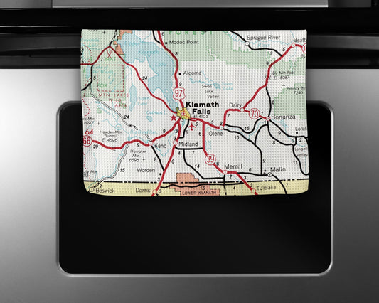 Klamath Falls Oregon Map Tea Towel | Waffle-Weave Kitchen Towel Gift