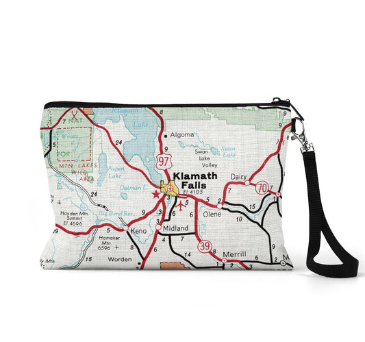 Klamath Falls Oregon map wristlet travel pouch