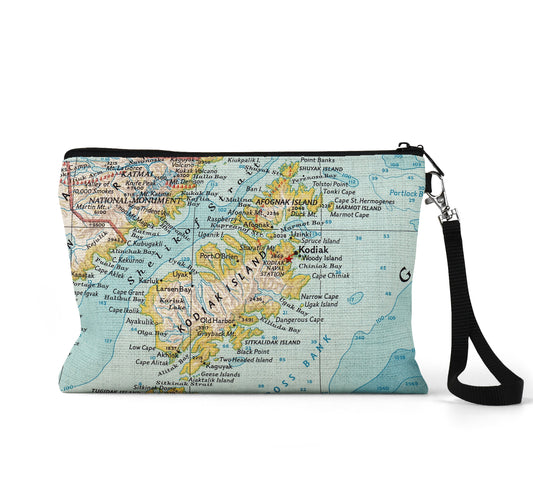 Kodiak Alaska map wristlet travel pouch