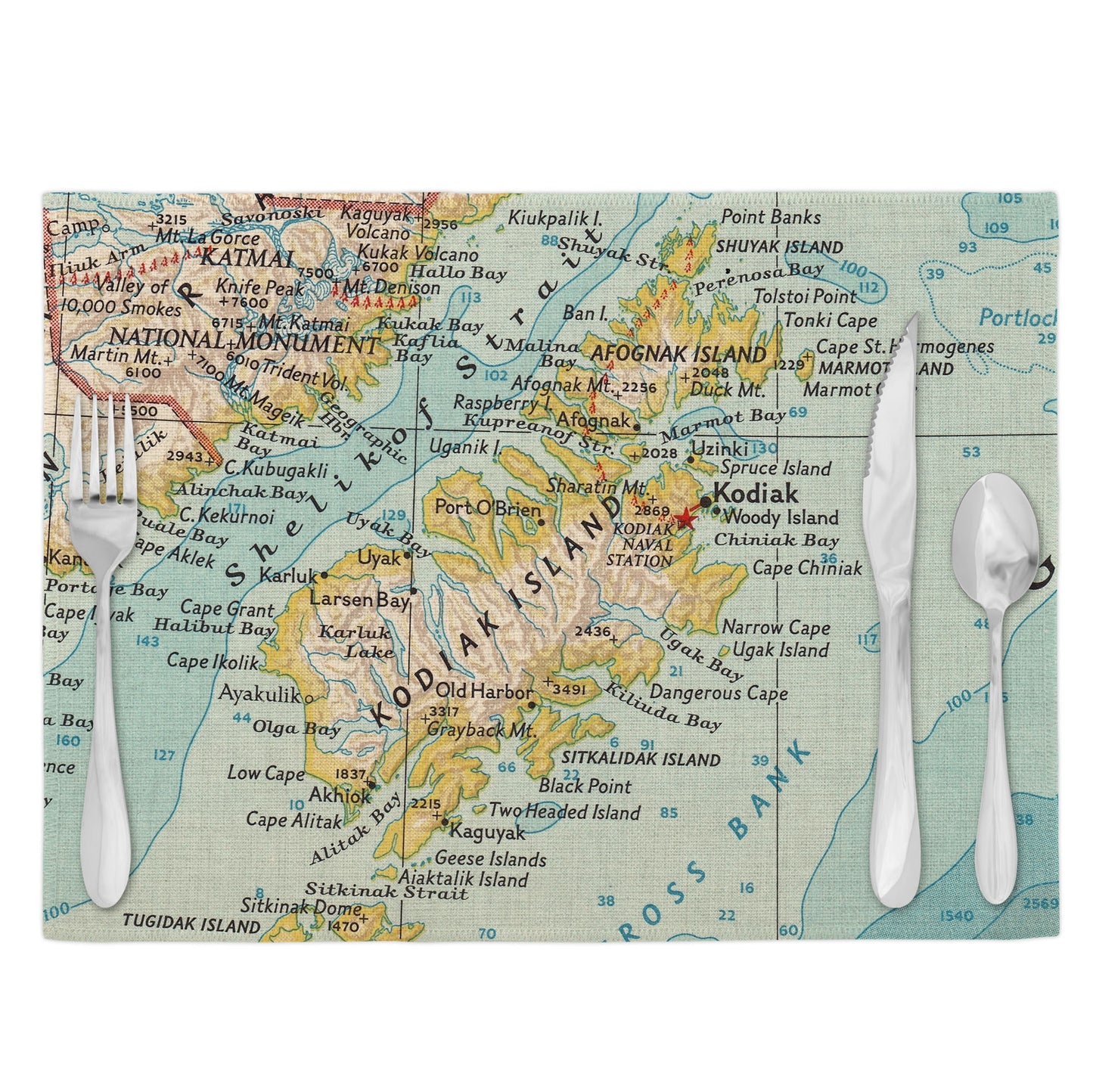 Kodiak Island Alaska Vintage Map Placemats Set of 4
