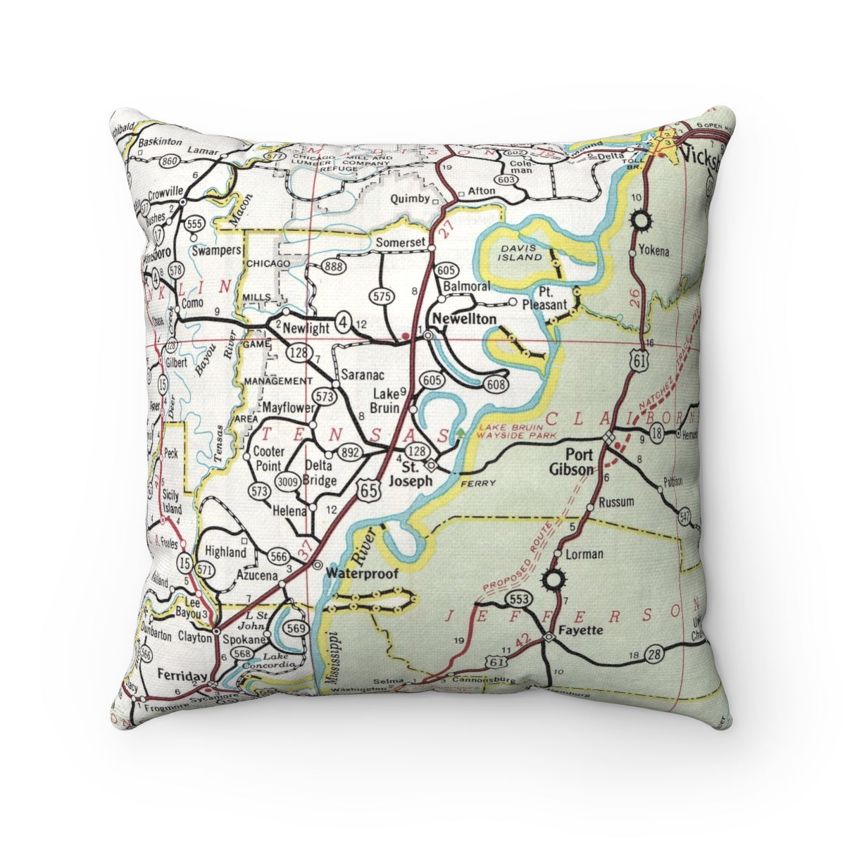 Lake Bruin Louisiana vintage map pillow