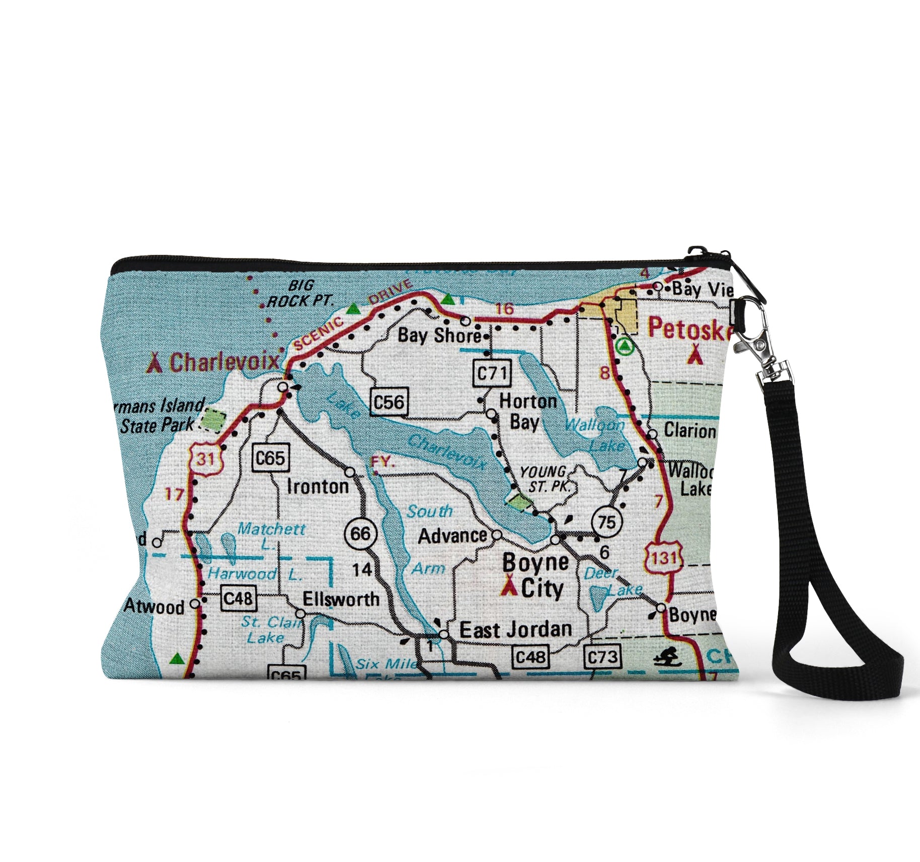 Lake Charlevoix map wristlet travel pouch