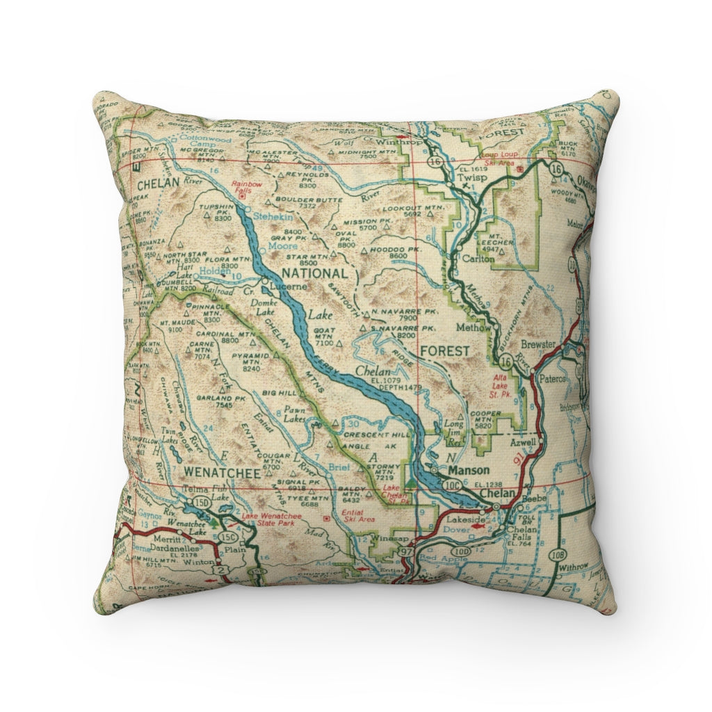 Lake Chelan Washington vintage map pillow