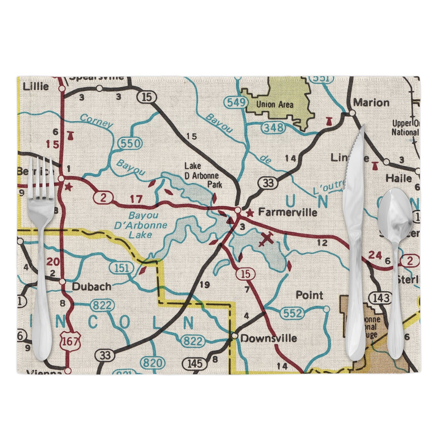 Lake D'Arbonne Louisiana Vintage Map Placemats Set of 4