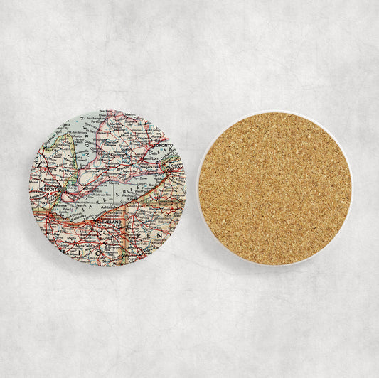 Lake Erie Map Coasters | Set of 4 Vintage Lake Erie Drink Coasters | Travel-Inspired Home Decor
