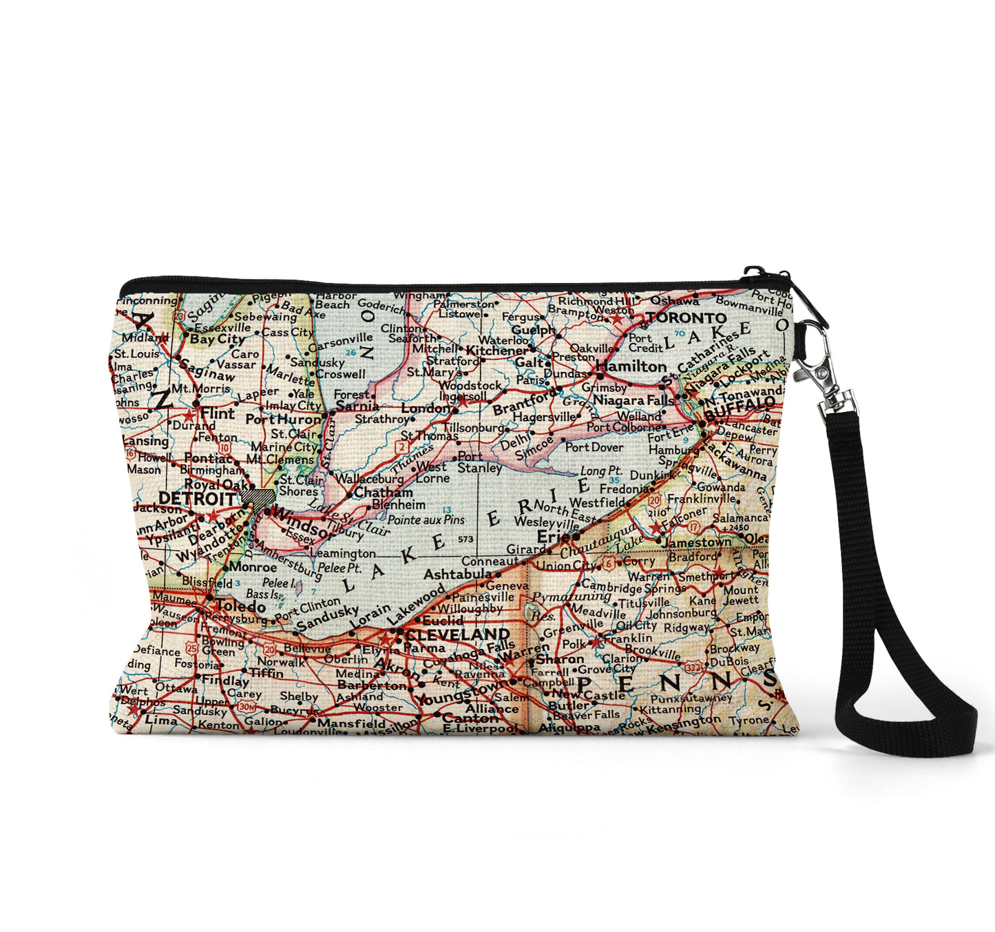 Lake Erie map wristlet travel pouch