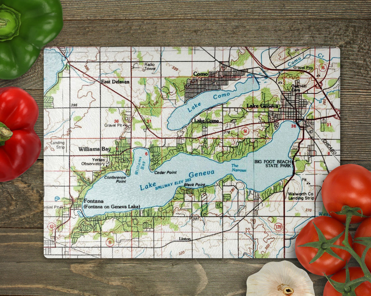 Lake Geneva Wisconsin Vintage Map Glass Cutting Board | Lake House Gift
