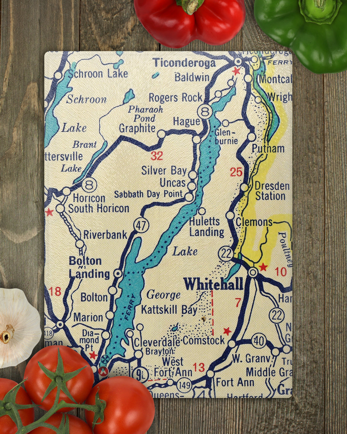 Lake George New York Vintage Map Glass Cutting Board | Lake House Gift