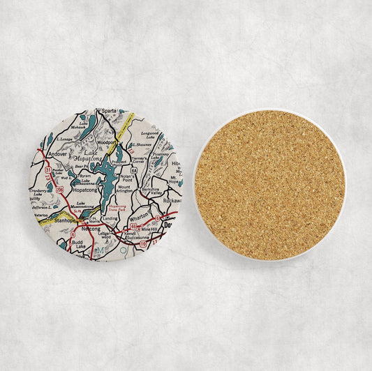Lake Hopatcong New Jersey Map Coasters | Set of 4 Vintage Lake Hopatcong New Jersey Drink Coasters | Travel-Inspired Home Decor