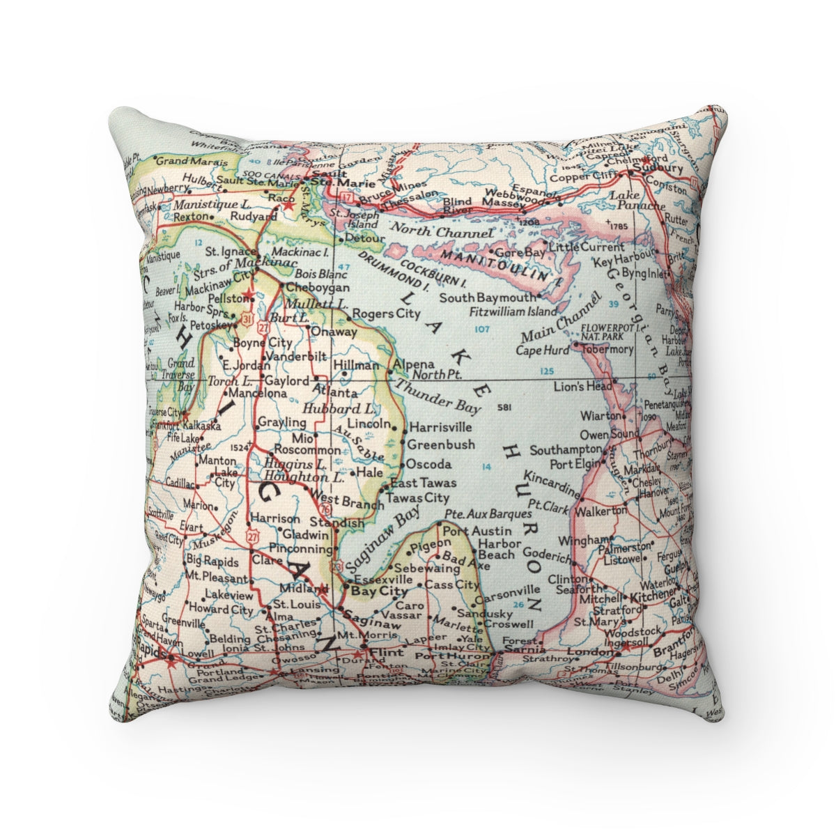 Lake Huron vintage map pillow