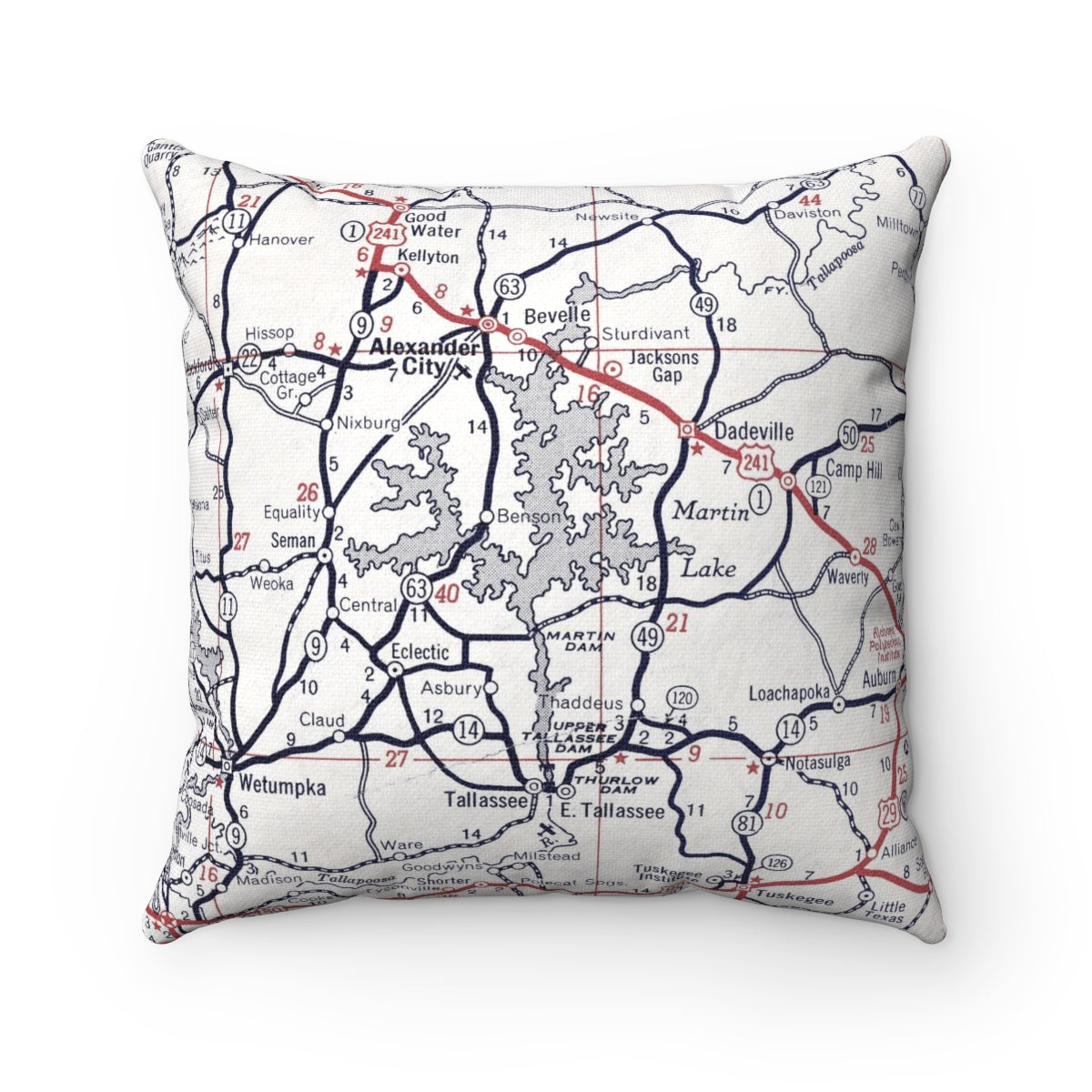 Lake Martin Alabama vintage map pillow