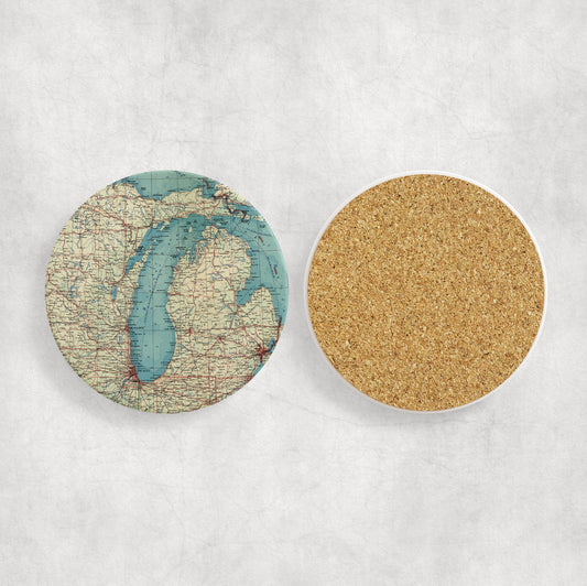 Lake Michigan Map Coasters | Set of 4 Vintage Lake Michigan Drink Coasters | Travel-Inspired Home Decor