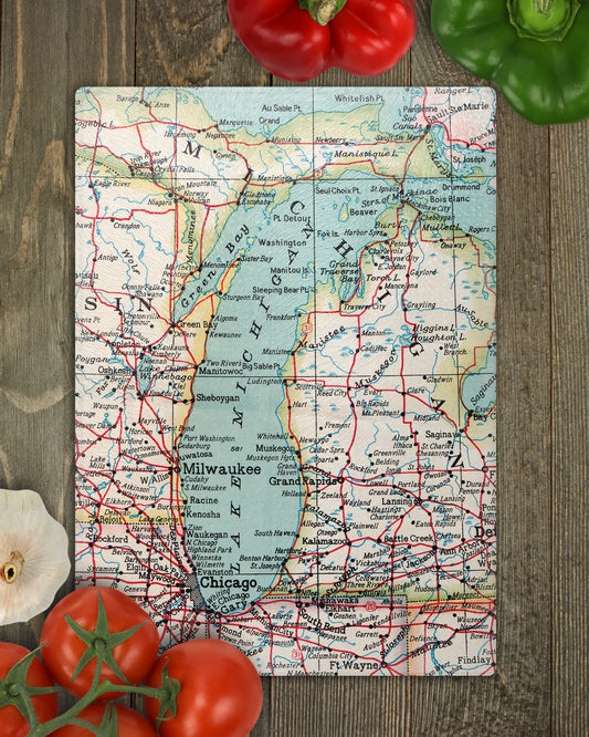 Lake Michigan Map Cutting Board | Vintage Map Kitchen Decor