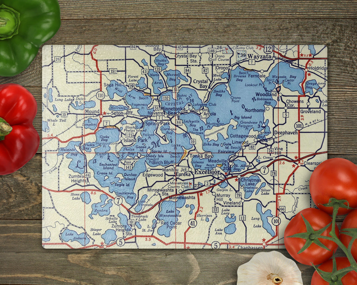 Lake Minnetonka Minnesota Vintage Map Glass Cutting Board