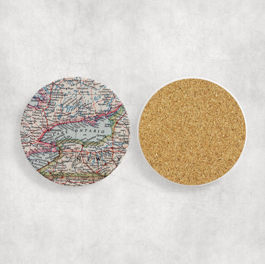 Lake Ontario Map Coasters | Set of 4 Vintage Lake Ontario Drink Coasters | Travel-Inspired Home Decor