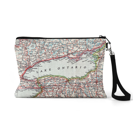 Lake Ontario map wristlet travel pouch