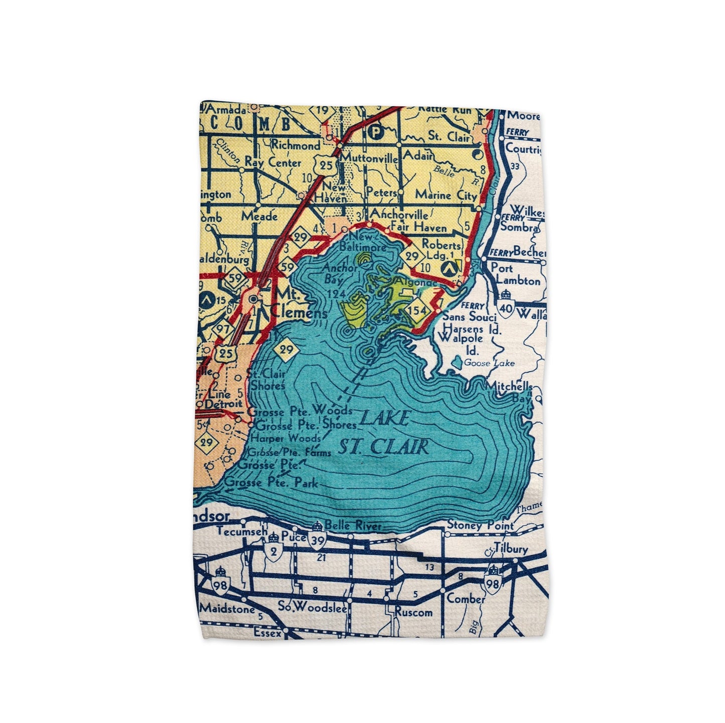 Lake St Clair Michigan Map Tea Towel | Waffle-Weave Kitchen Towel Gift