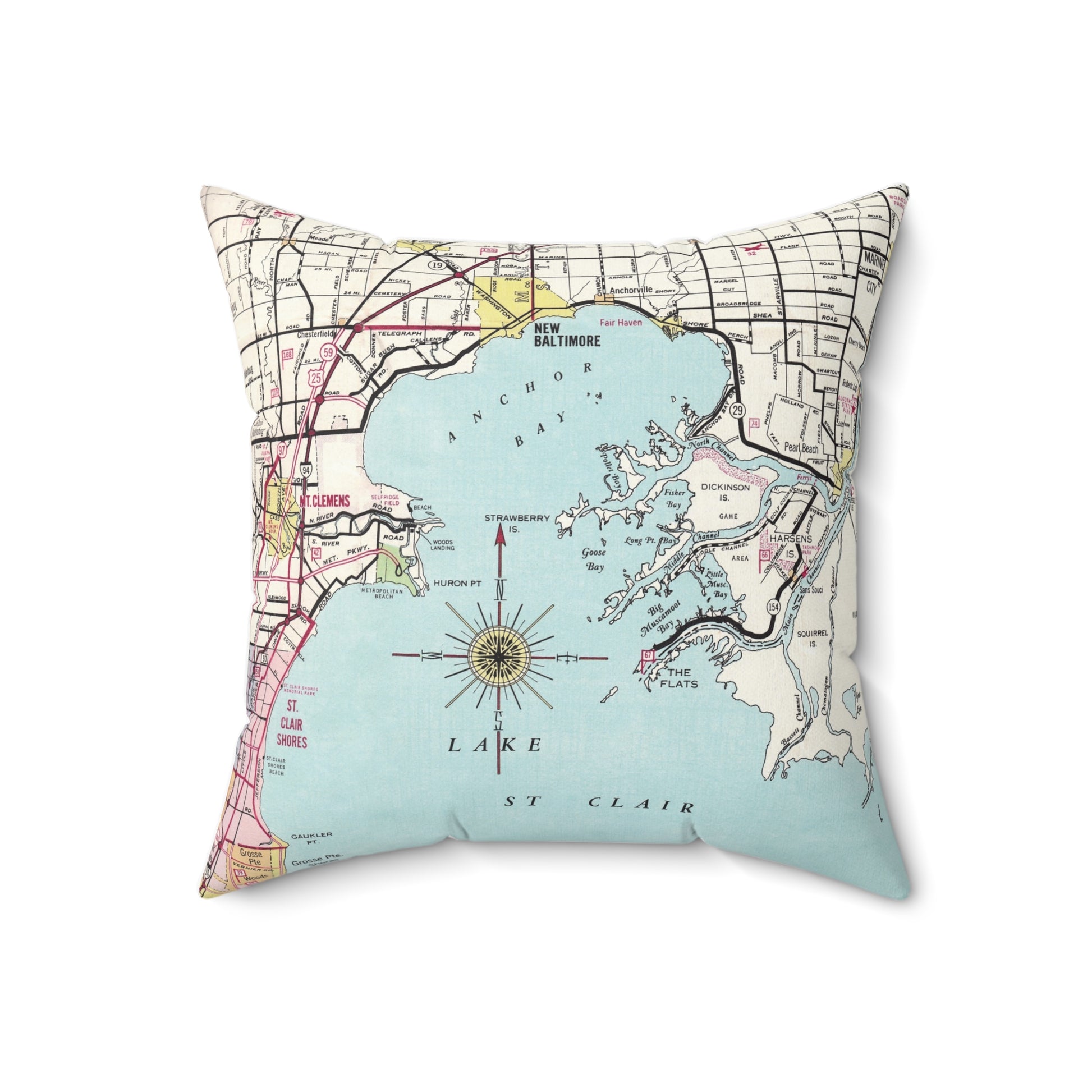 Lake St Clair Michigan vintage map pillow