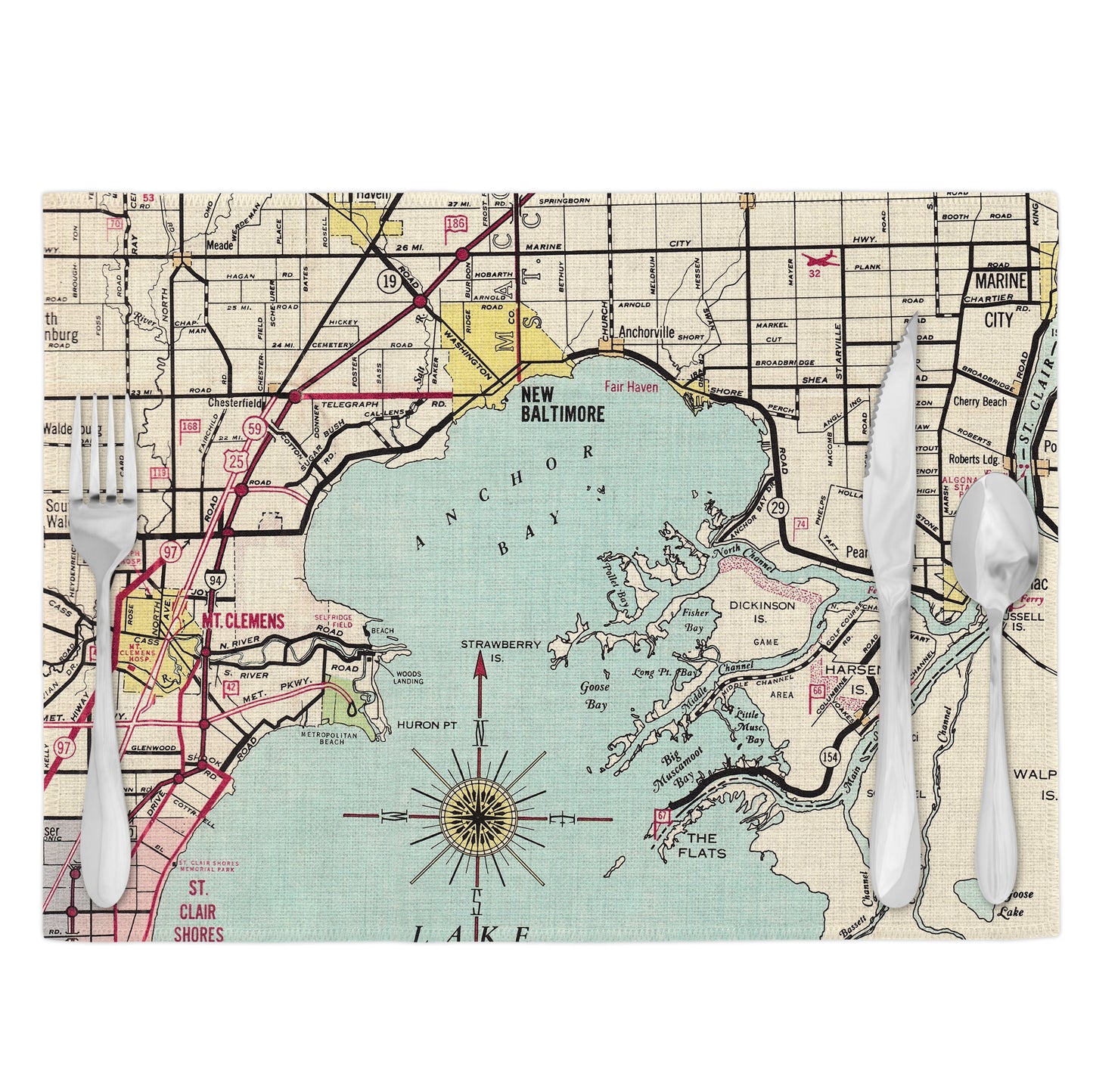 Lake St. Clair Michigan Vintage Map Placemats Set of 4