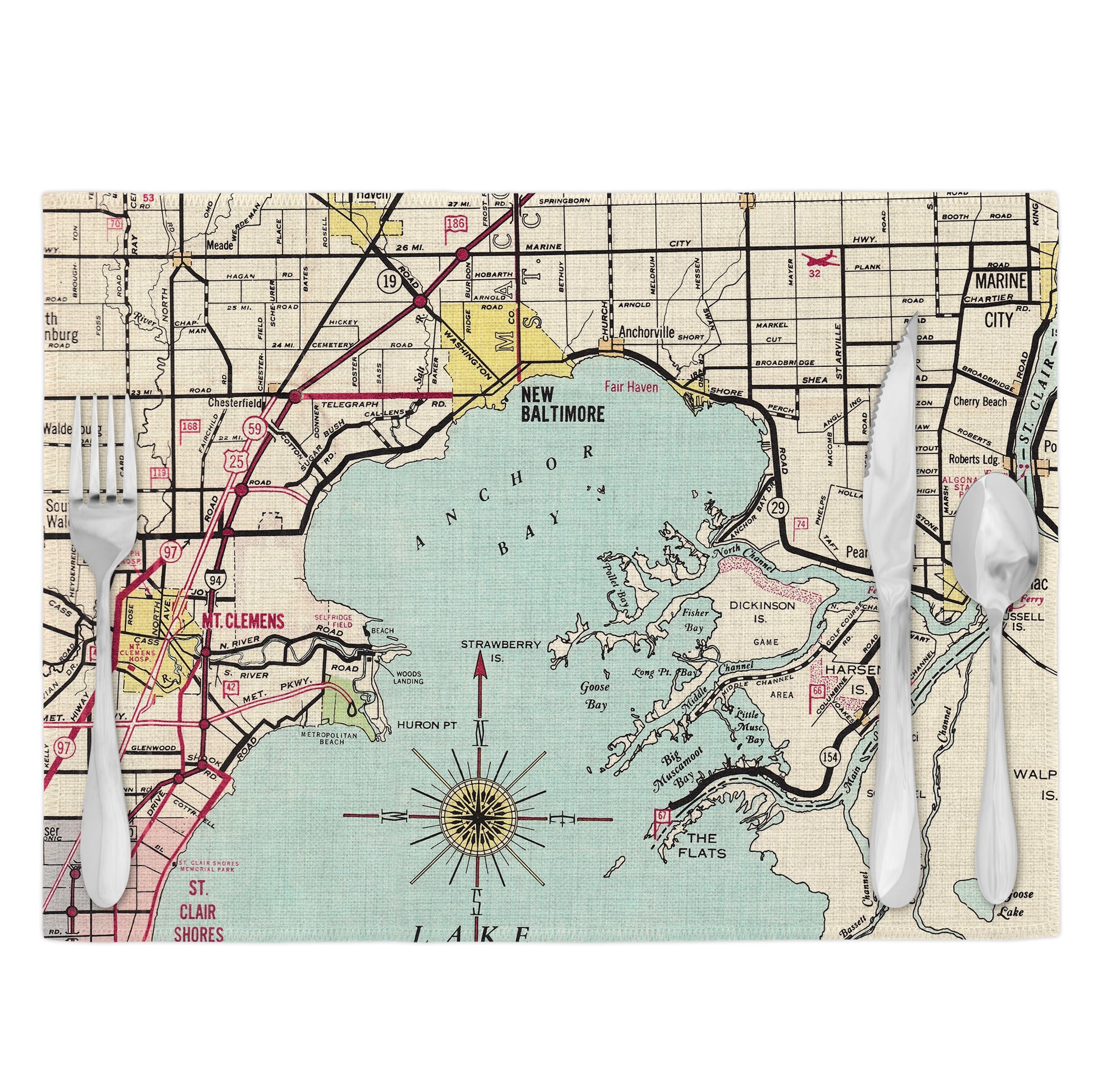 Lake St. Clair Michigan Vintage Map Placemats Set of 4