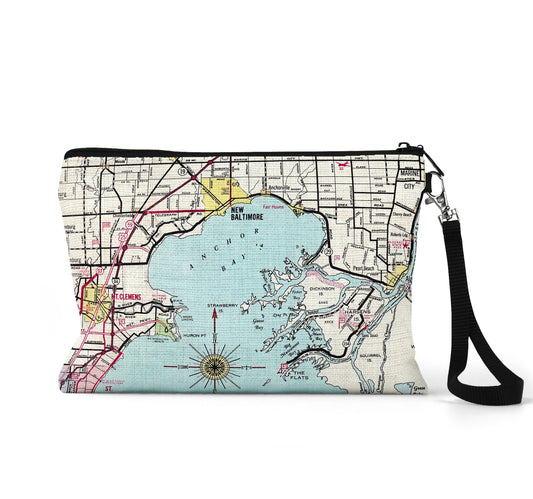 Lake St Clair Michigan map wristlet travel pouch
