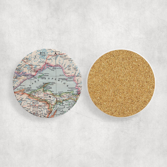 Lake Superior Map Coasters | Set of 4 Vintage Lake Superior Drink Coasters | Travel-Inspired Home Decor