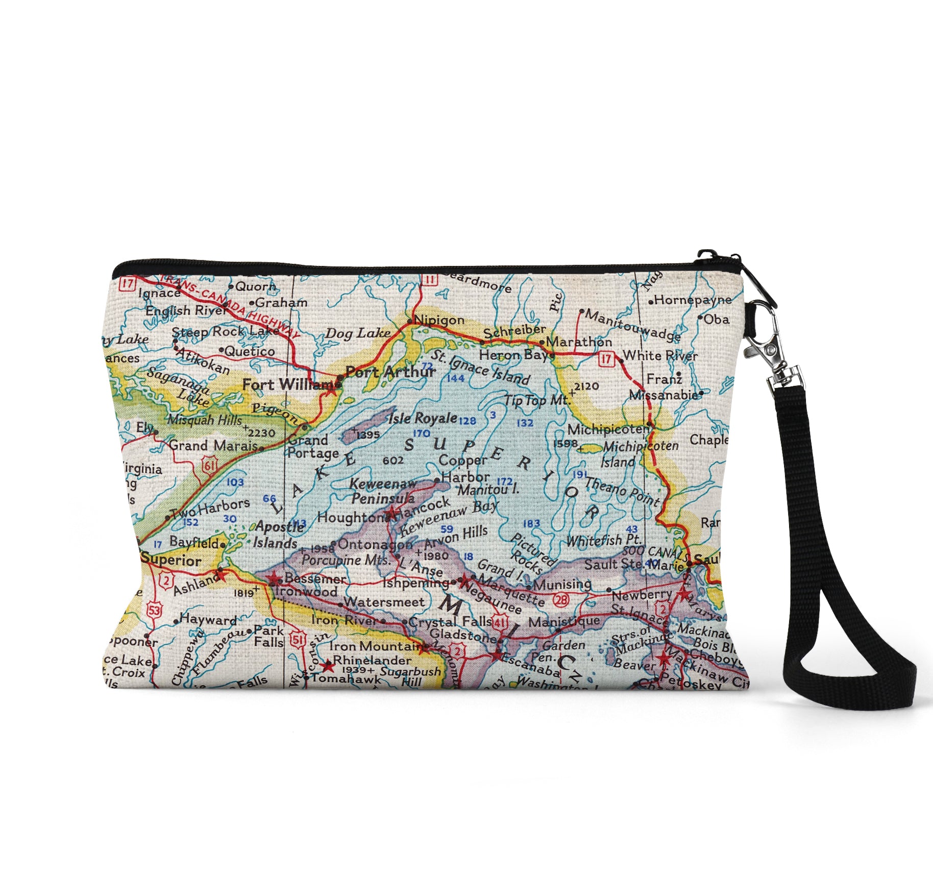 Lake Superior map wristlet travel pouch