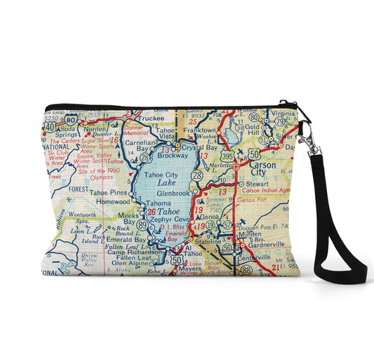 Lake Tahoe map wristlet travel pouch