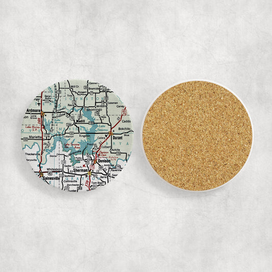 Lake Texoma Map Coasters | Set of 4 Vintage Lake Texoma Drink Coasters | Travel-Inspired Home Decor