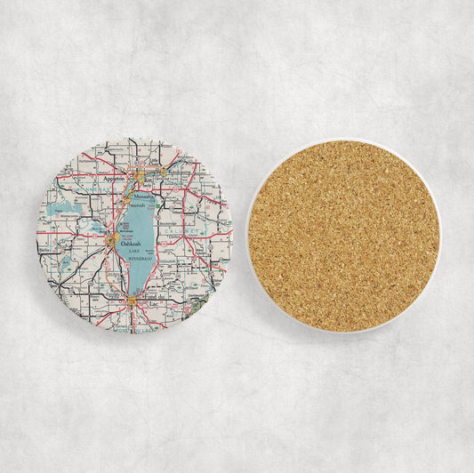 Lake Winnebago Map Coasters | Set of 4 Vintage Lake Winnebago Drink Coasters | Travel-Inspired Home Decor