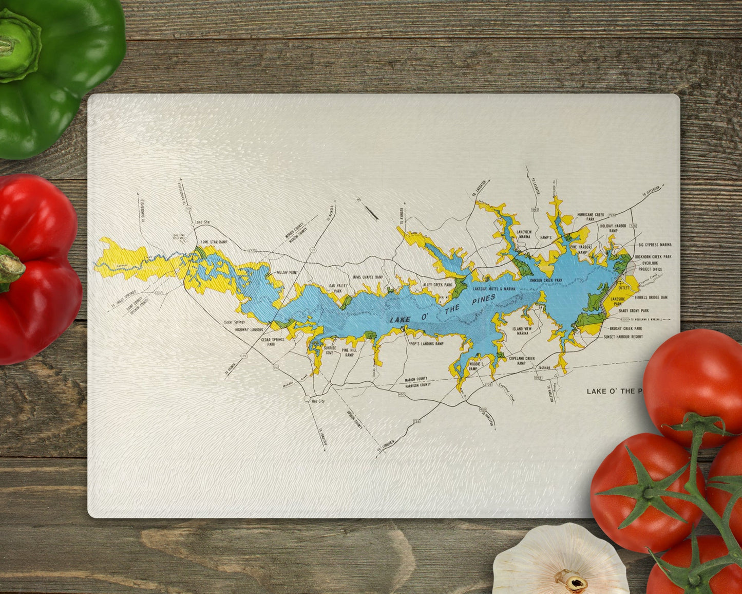 Lake o' the Pines Texas Map Cutting Board | Travel Gift | Kitchen Decor