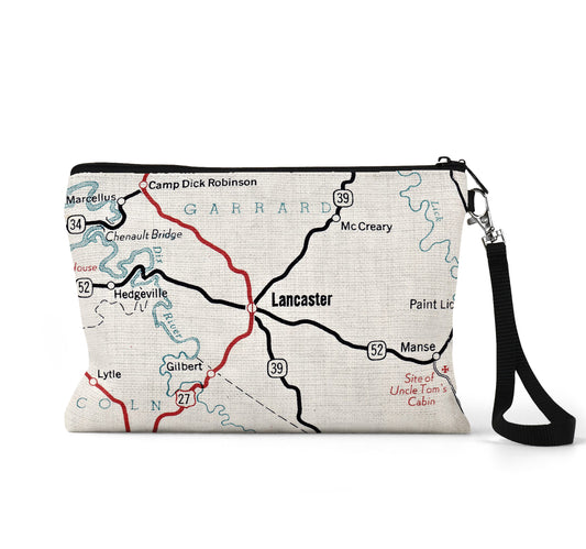 Lancaster Kentucky map wristlet travel pouch