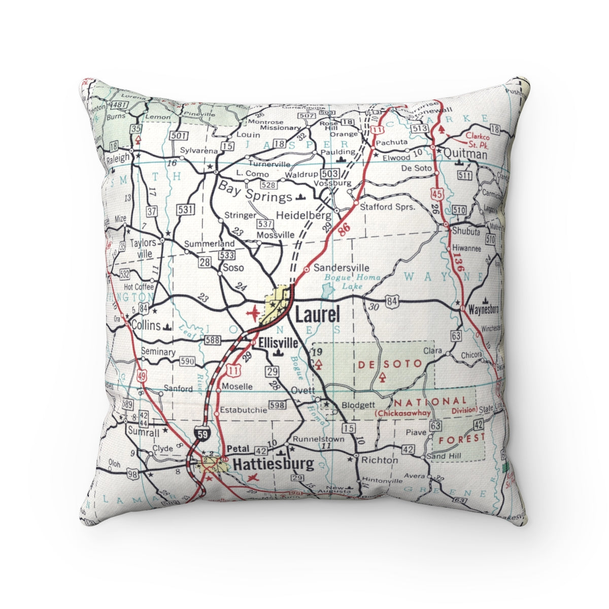 Laurel Mississippi vintage map pillow