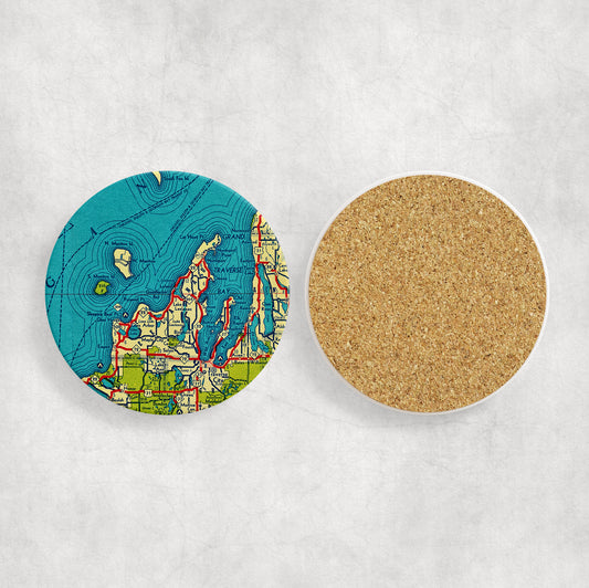 Leelanau Michigan Map Coasters | Set of 4 Vintage Leelanau Michigan Drink Coasters | Travel-Inspired Home Decor