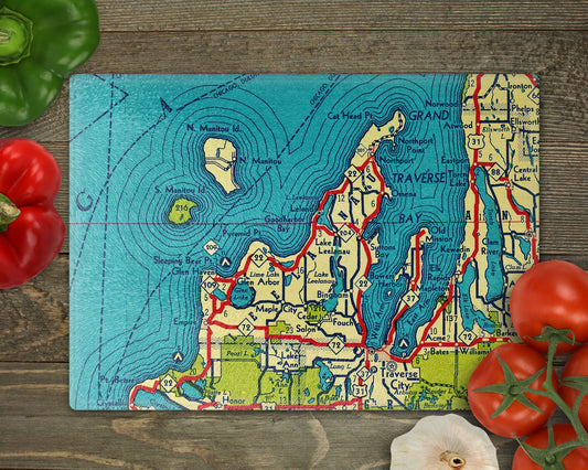 Leelanau County Michigan Vintage Map Glass Cutting Board | Traverse City, Sleeping Bear & North Manitou Island