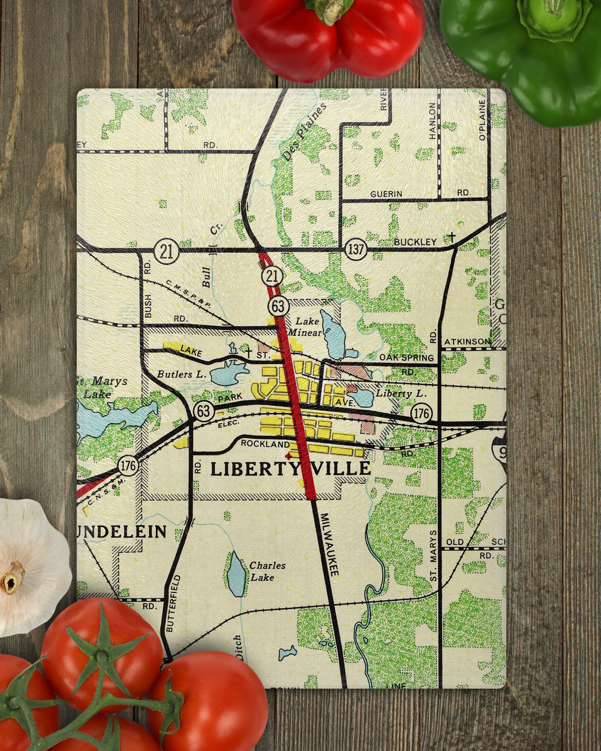 Libertyville Illinois vintage map glass cutting board