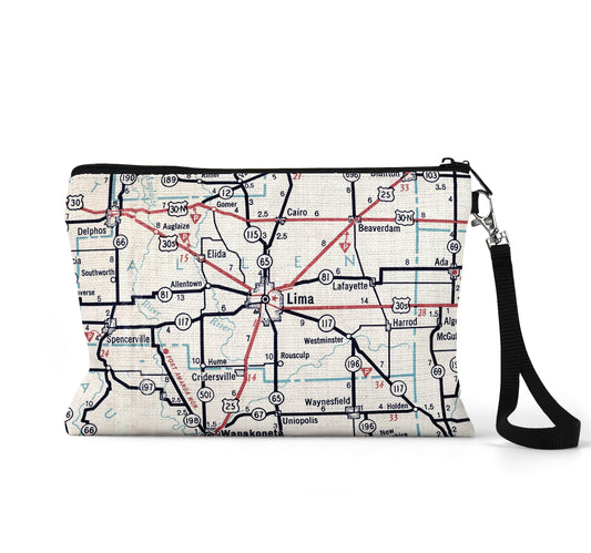 Lima Ohio map wristlet travel pouch