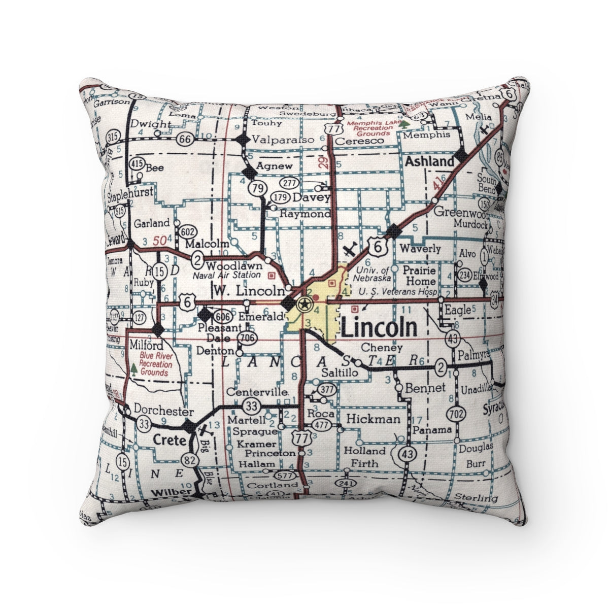 Lincoln Nebraska vintage map pillow