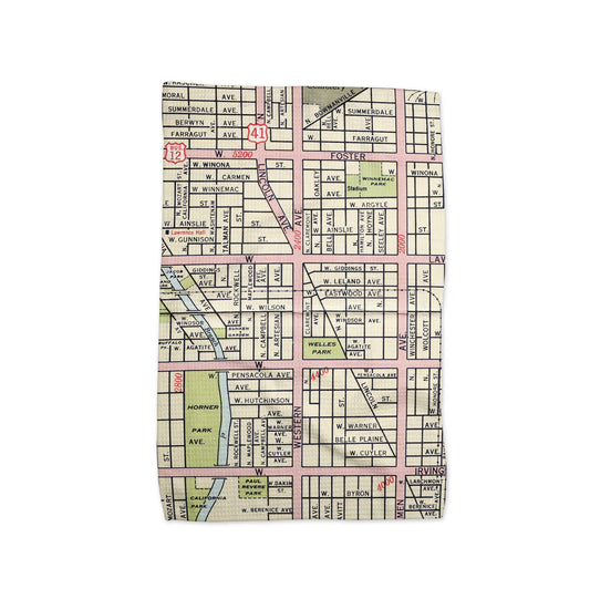 Lincoln Square Chicago Map Tea Towel | Waffle-Weave Kitchen Towel Gift