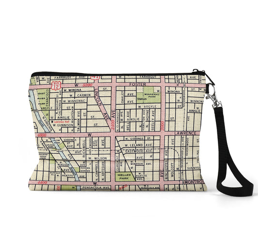 Lincoln Square Chicago map wristlet travel pouch