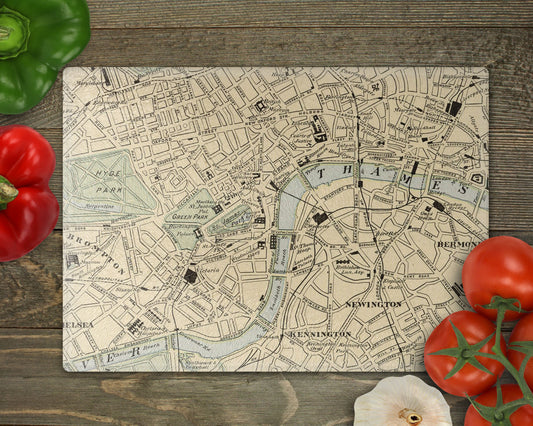 London England Vintage Map Glass Cutting Board | Custom London Kitchen Decor | UK Travel Gift
