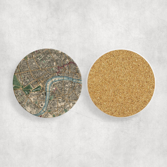 London Map Coasters | Set of 4 Vintage London Drink Coasters | Travel-Inspired Home Decor
