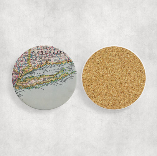 Long Island New York Map Coasters | Set of 4 Vintage Long Island New York Drink Coasters | Travel-Inspired Home Decor